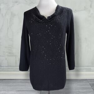 Eileen Fisher Beaded Cowl Neck Sweater S Black Merino Wool Sparkle Holiday